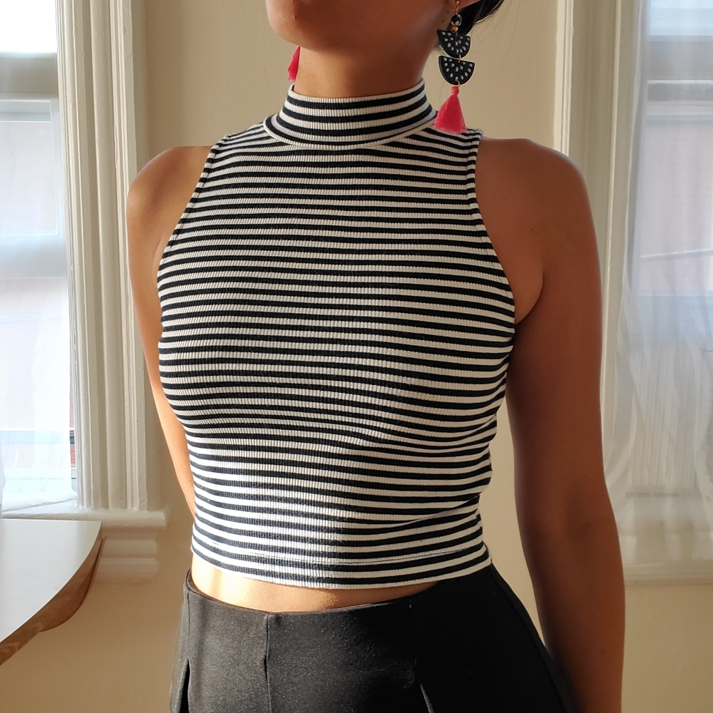 Blue and White Stripped Mock Neck Cropped Top